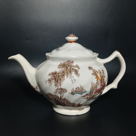 Johnson Bros The Old Mill Teapot Ceramic Brown Scenic Transferware Vintage - Picture 1 of 16